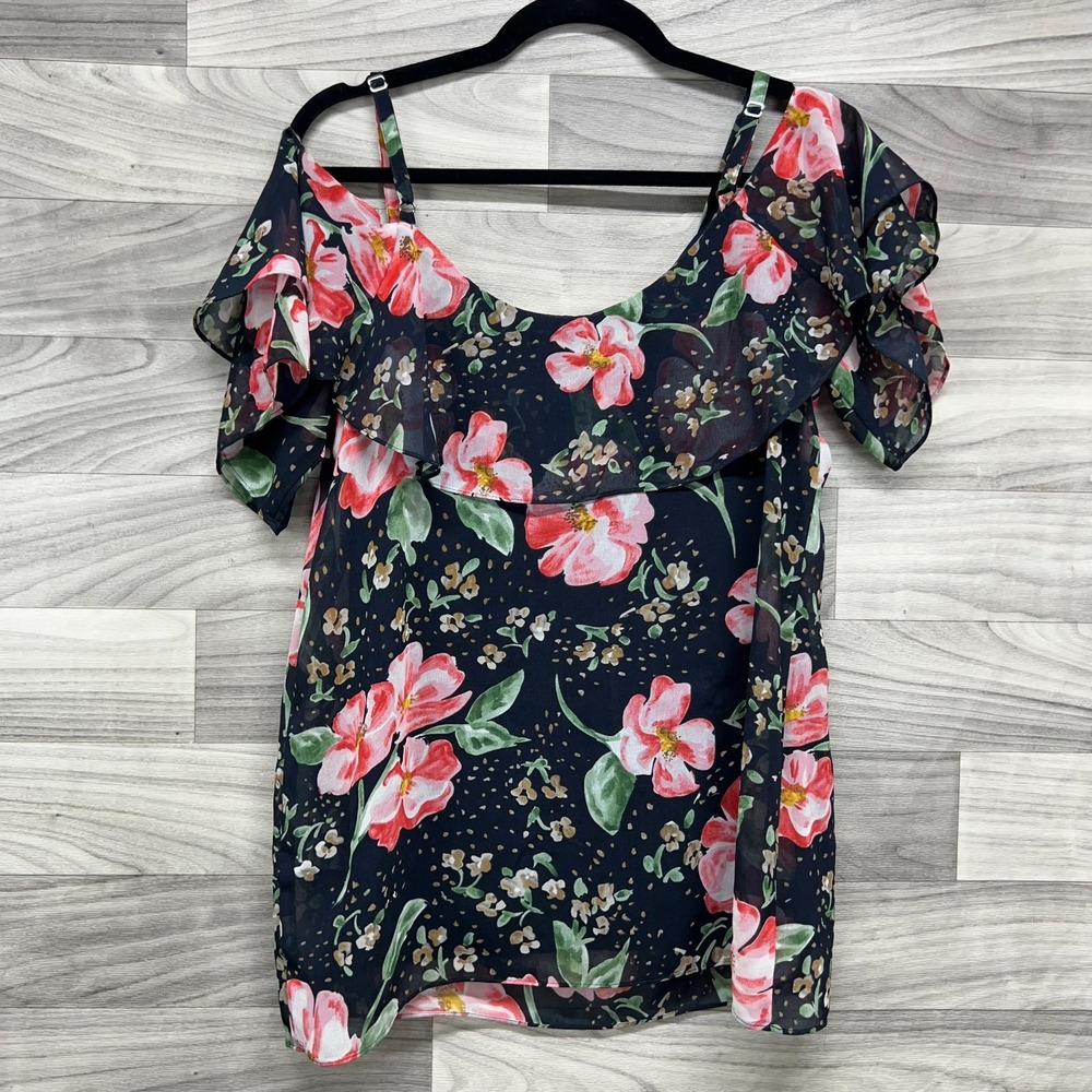 CAbi Top Tunic Women's S Navy Blue Floral Lined Cold Shoulder Adjustable Strap - Picture 8 of 12